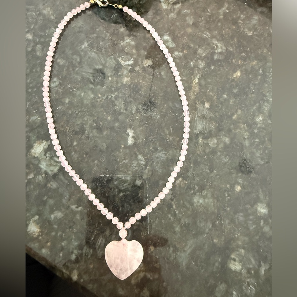 Rose Quartz heart and bead necklace.